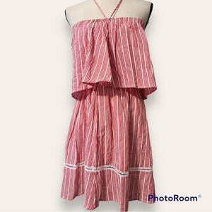 Morgan sz small red white striped detail dress tassel tie neck lined knee length